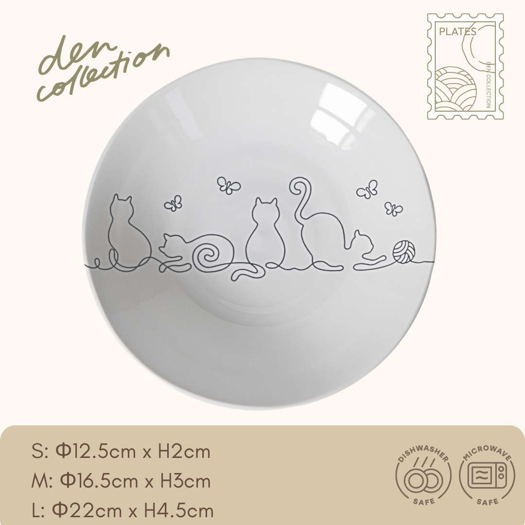 Wire Art Cat Plate in black – Stylish black line-art cat design on white porcelain plate, Mino ware craftsmanship. / ワイヤーキャットプレート 黒色。黒い線描きの猫が映える、美濃焼のシンプルで洗練されたデザイン。
